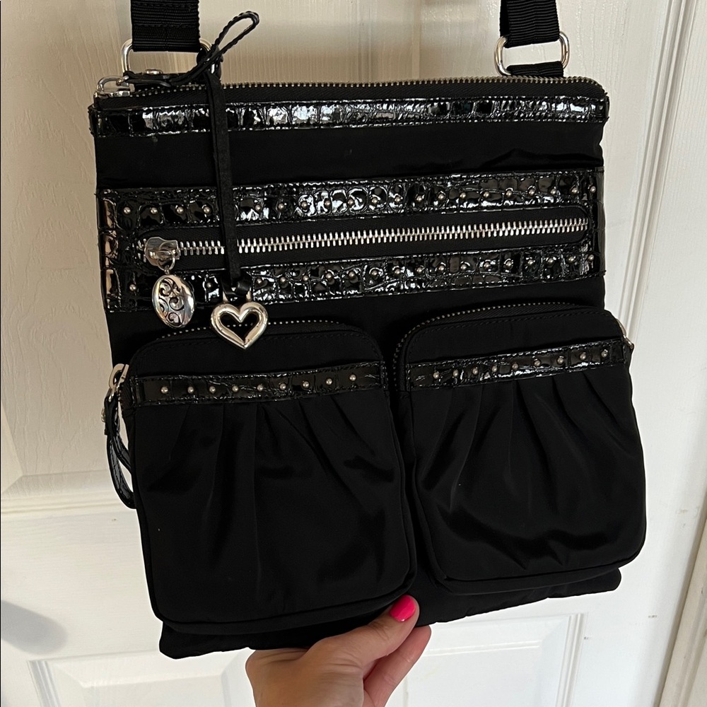 Brighton Black Nylon & Croc Print Zip Top Crossbody Purse